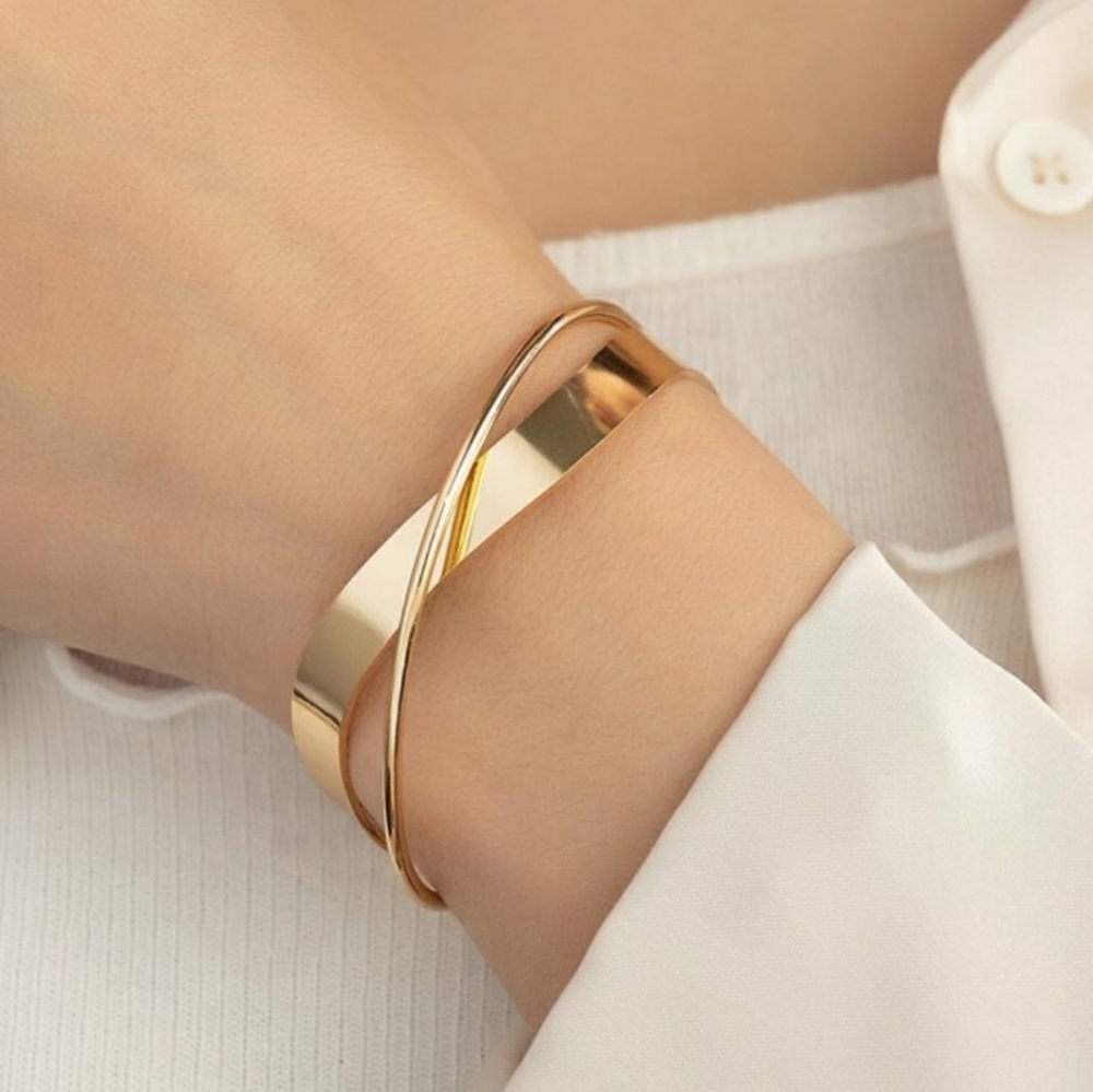 NEW 10K Gold Plated Duo Twisted Line Adjustable Bangle Cuff Open Band Bracelet